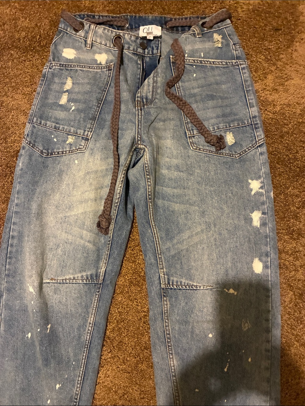 OLI & HALI. Size S. Blue Paint Splatter Jeans. Brown Braided Drawstring. NWOT